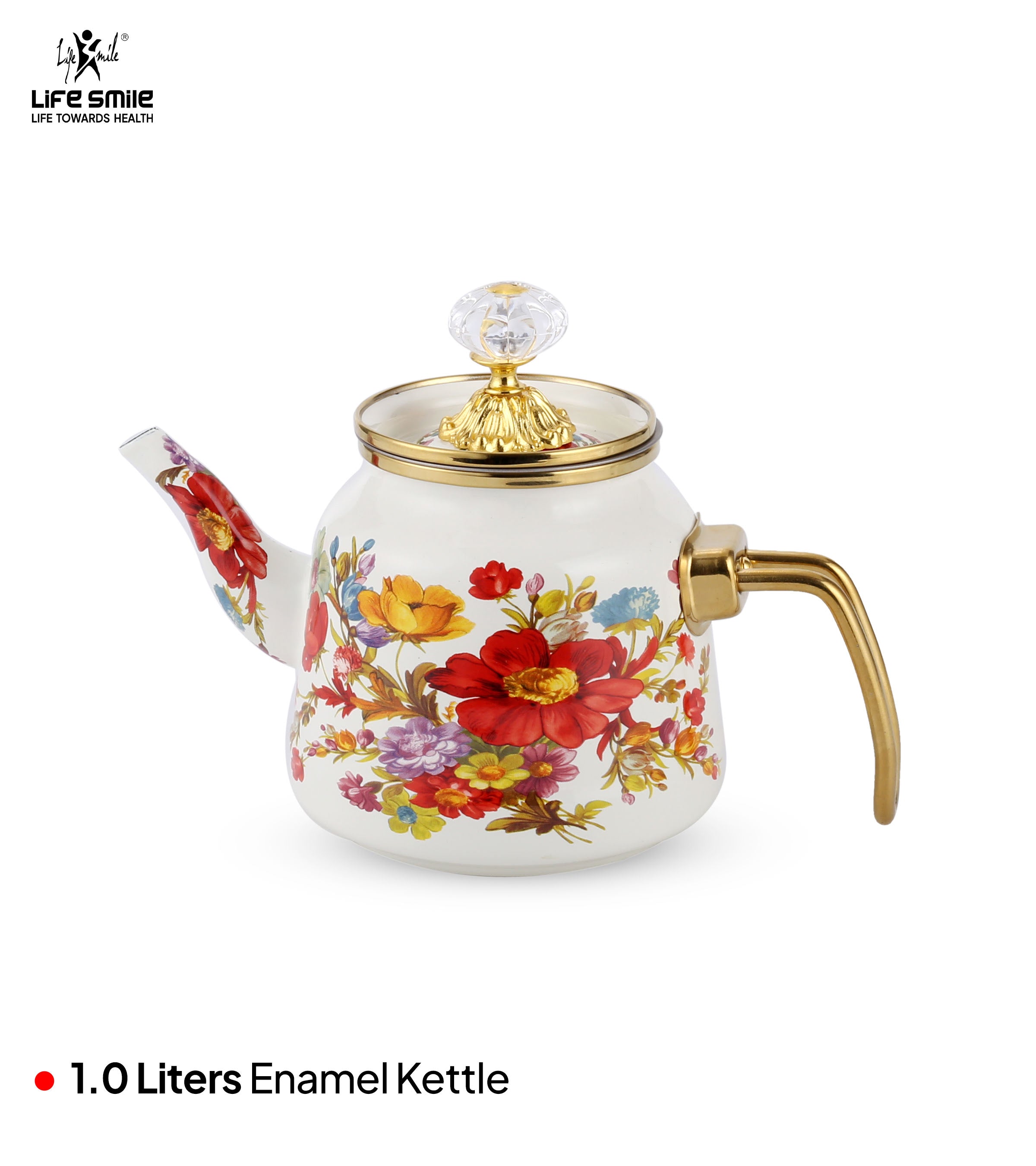 Life Smile Enamel Kettle with Flower Design and Golden Handle 1L NMLTG-1-F3