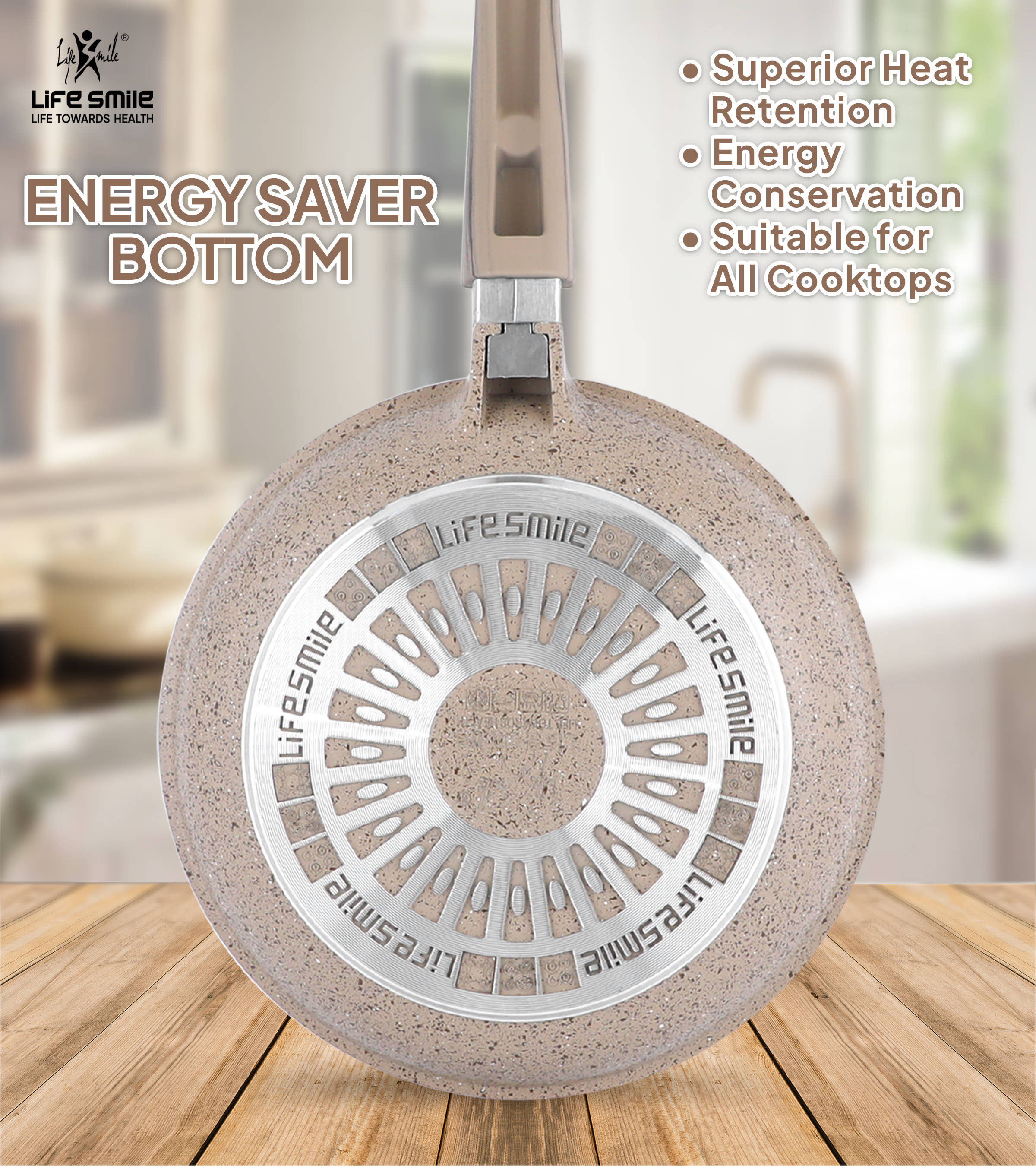 Life Smile Non-Stick Frying Pan Set of 3 with Heat Resistant Handle 2FP17SET-BEIGE