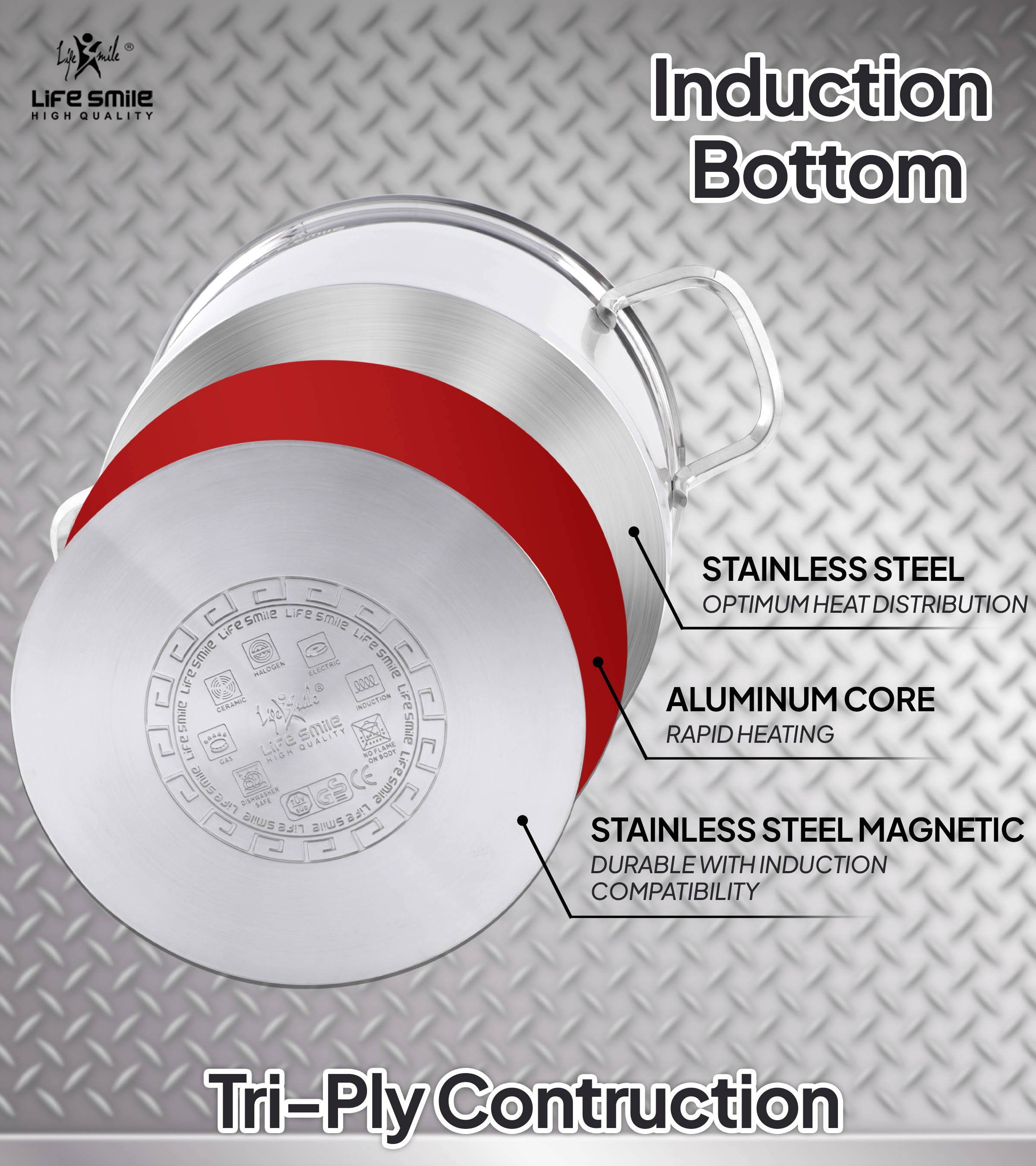 Life Smile 18/10 Stainless Steel Cooking Pot with Glass Lid LIFEP12-28SILVER