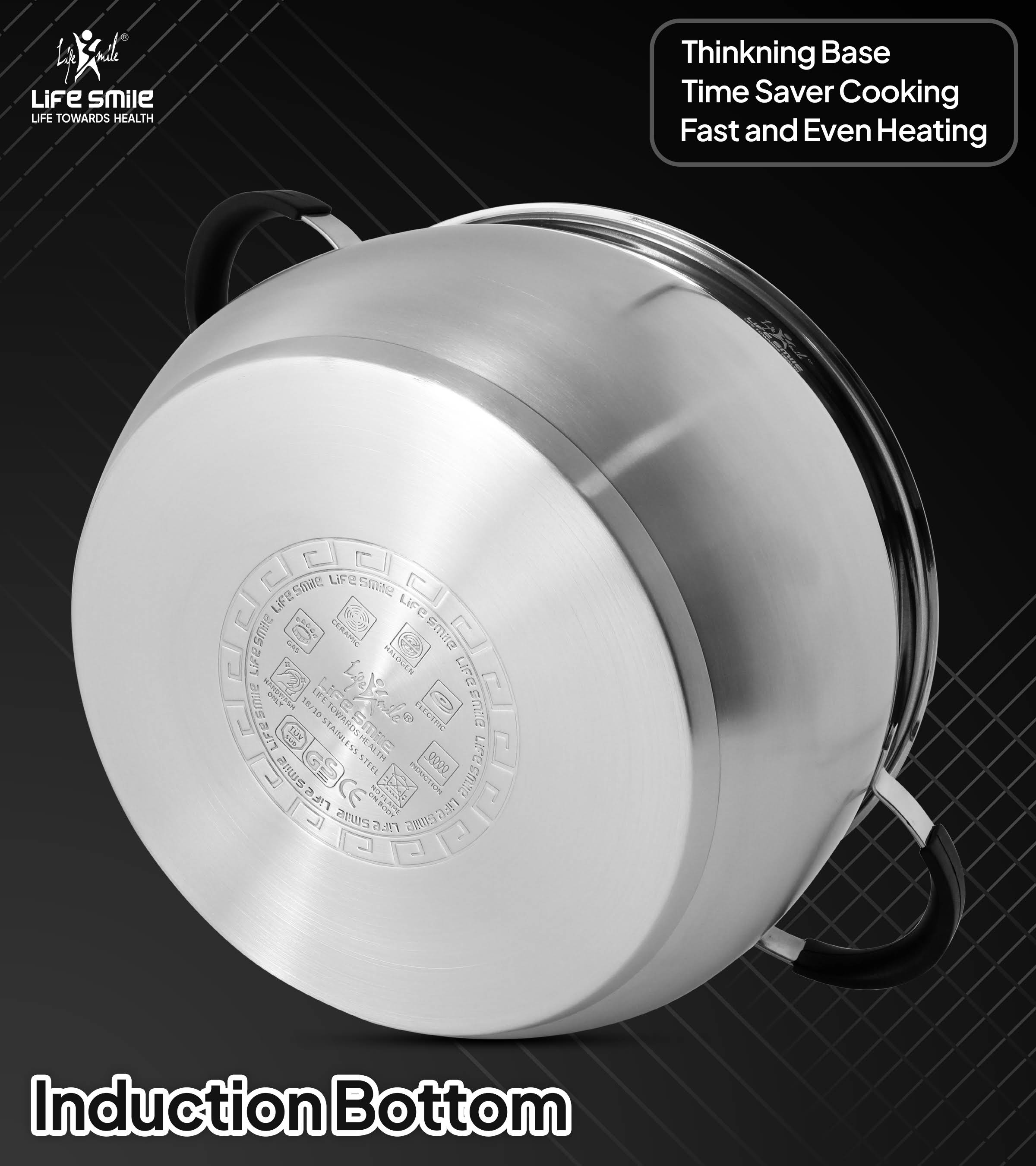 Life Smile 18/10 Stainless Steel Cookware Set with Silicone Handles & Glass Lids LIFEP22-6-2