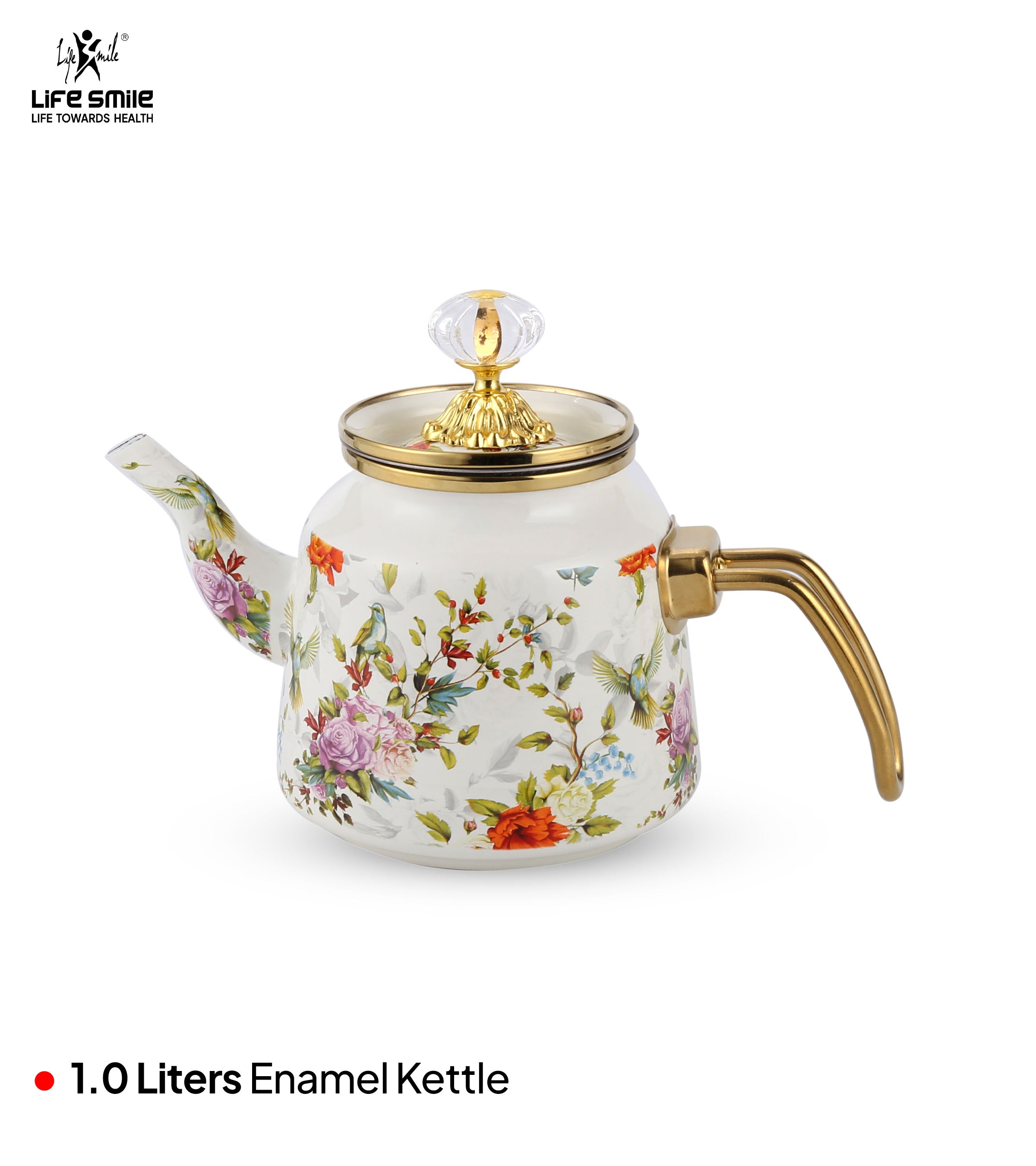 Life Smile Enamel Kettle with Flower Design and Golden Handle 1L NMLTG-1-F1