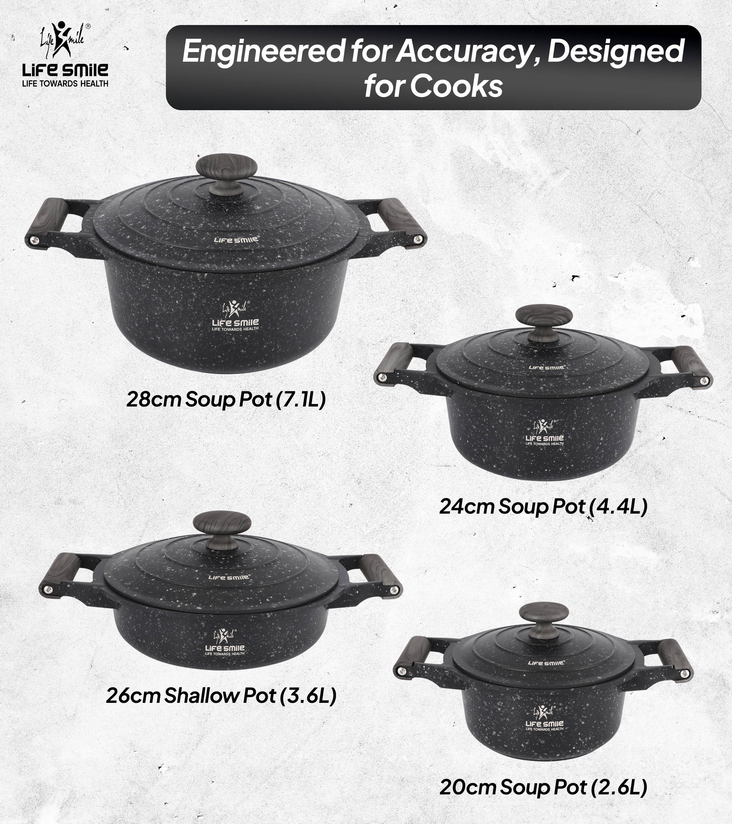 Life Smile 8 Pcs Kitchen Cooking Set with Titanium Coating Induction Bottom LIFEP20SF-8-BLACK