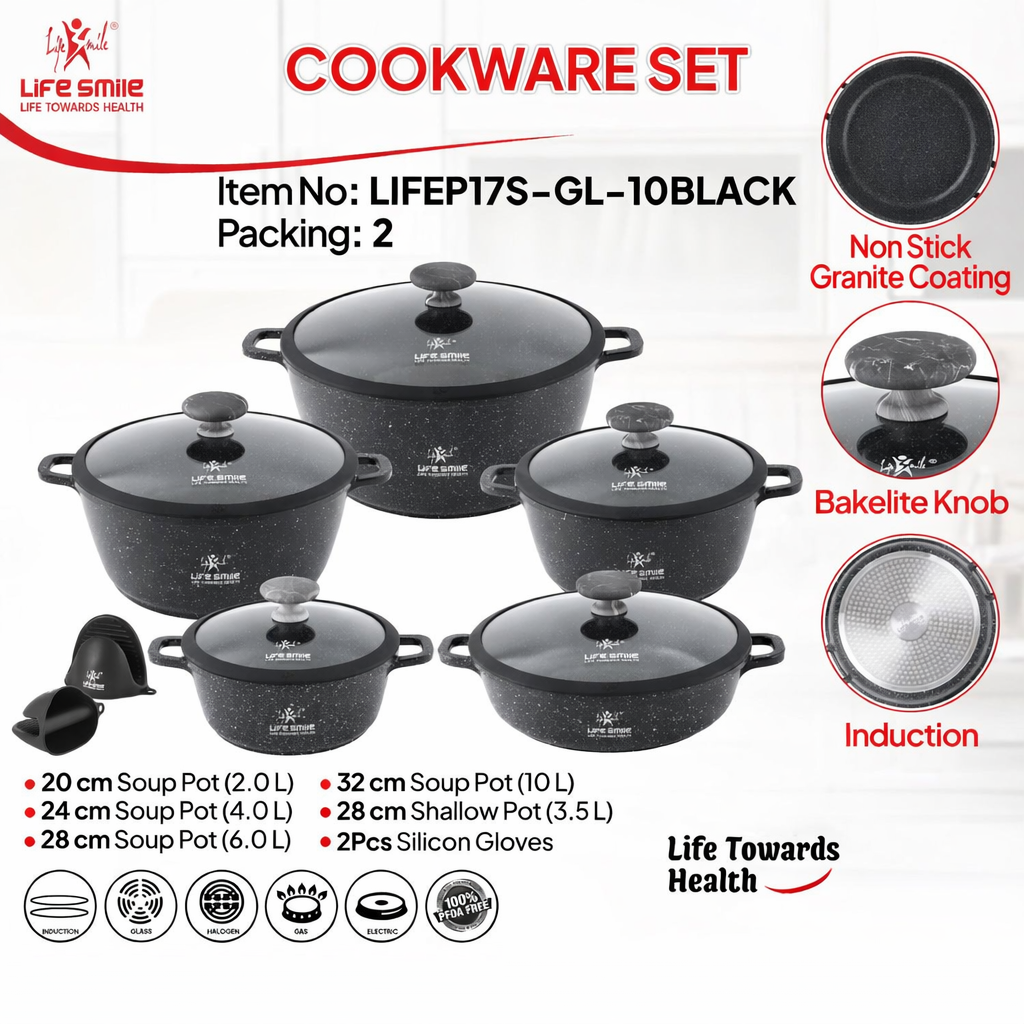Life Smile Premium Granite Non-Stick Cookware Set with Lids LIFEP17S-GL-10BLACK