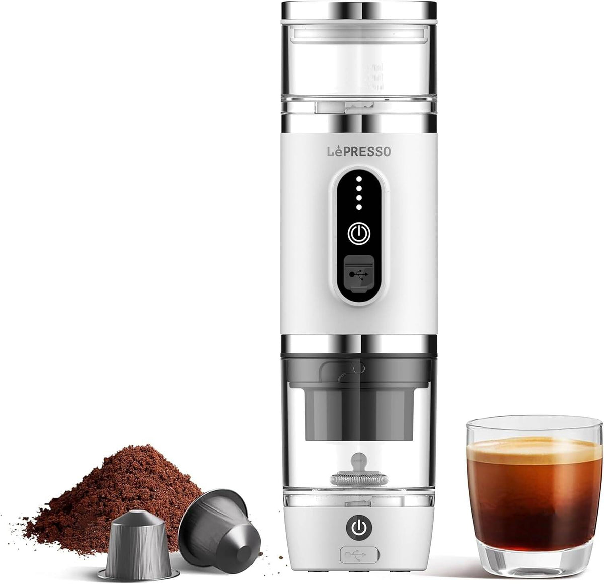 LePresso 4-in-1 Portable Coffee Machine – 20 Bar Espresso Maker with Milk Frother, Coffee Powder & Capsule Compatible - White - LPCFFM4IN1WH