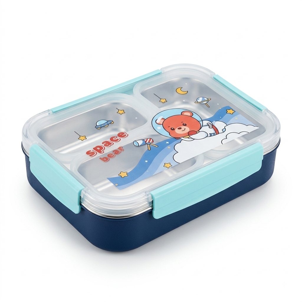 Space Bear Kids Lunch Box 3 Compartment Leakproof with Transparent Lid - 4835
