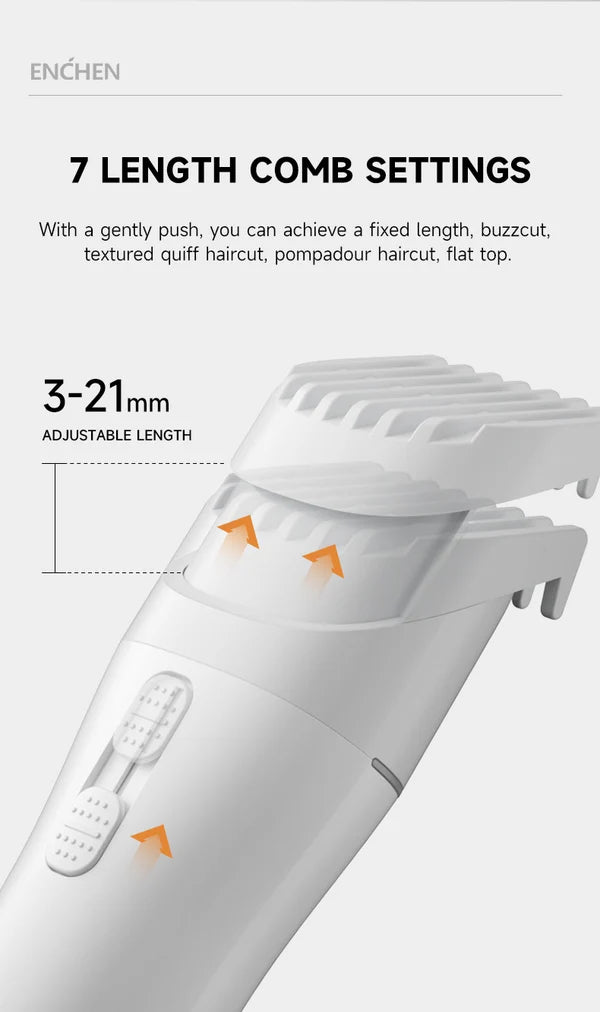 Enchen Wireless Hair Clipper – Nano Ceramic Blade, 800mAh Rechargeable Battery, Type-C Fast Charging - BOOST2 White