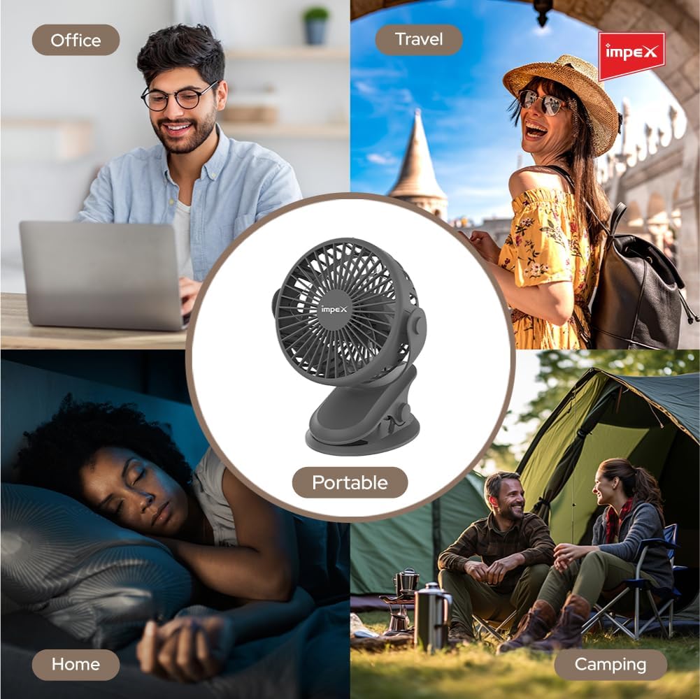 Impex Rechargeable Clip Fan - 1500mAh - Strong Airflow with Triple Wind Modes (Low/Medium/High) - CF02DC