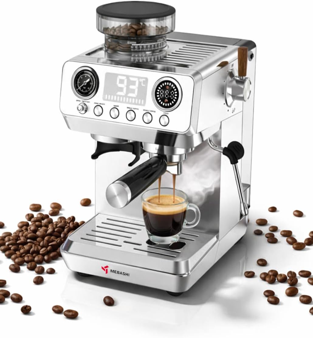Mebashi Espresso Coffee Machine - 1500W - 20 Bar Built-in Grinder - Perfect Crema - ME-CCM2074