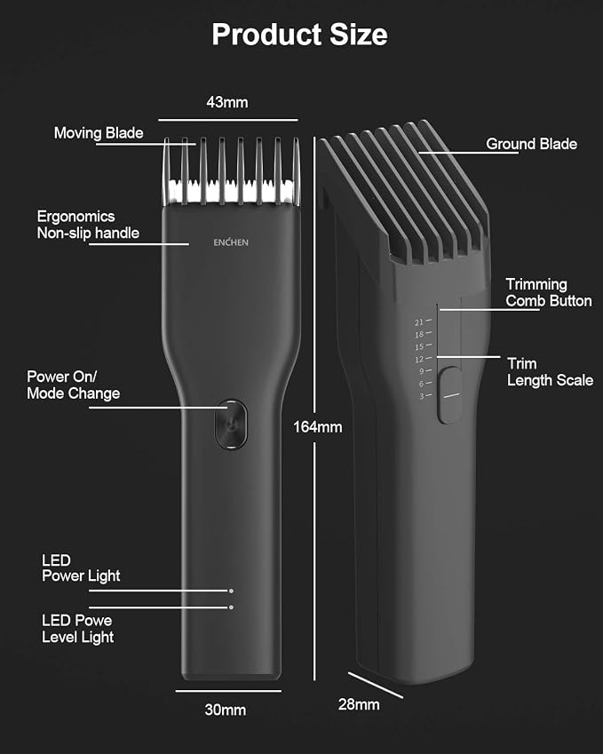 Enchen Rechargeable Cordless Hair Clipper – Ceramic Blade - 5W - 0.7-21mm Length Settings, USB Type-C - BOOST