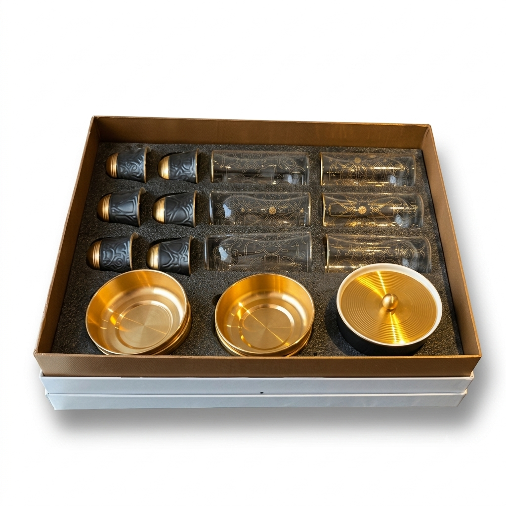 Luxury Gold & Black Arabic Coffee Cup and Dallah Set – 6 Cups with Serving Bowls - AM1014