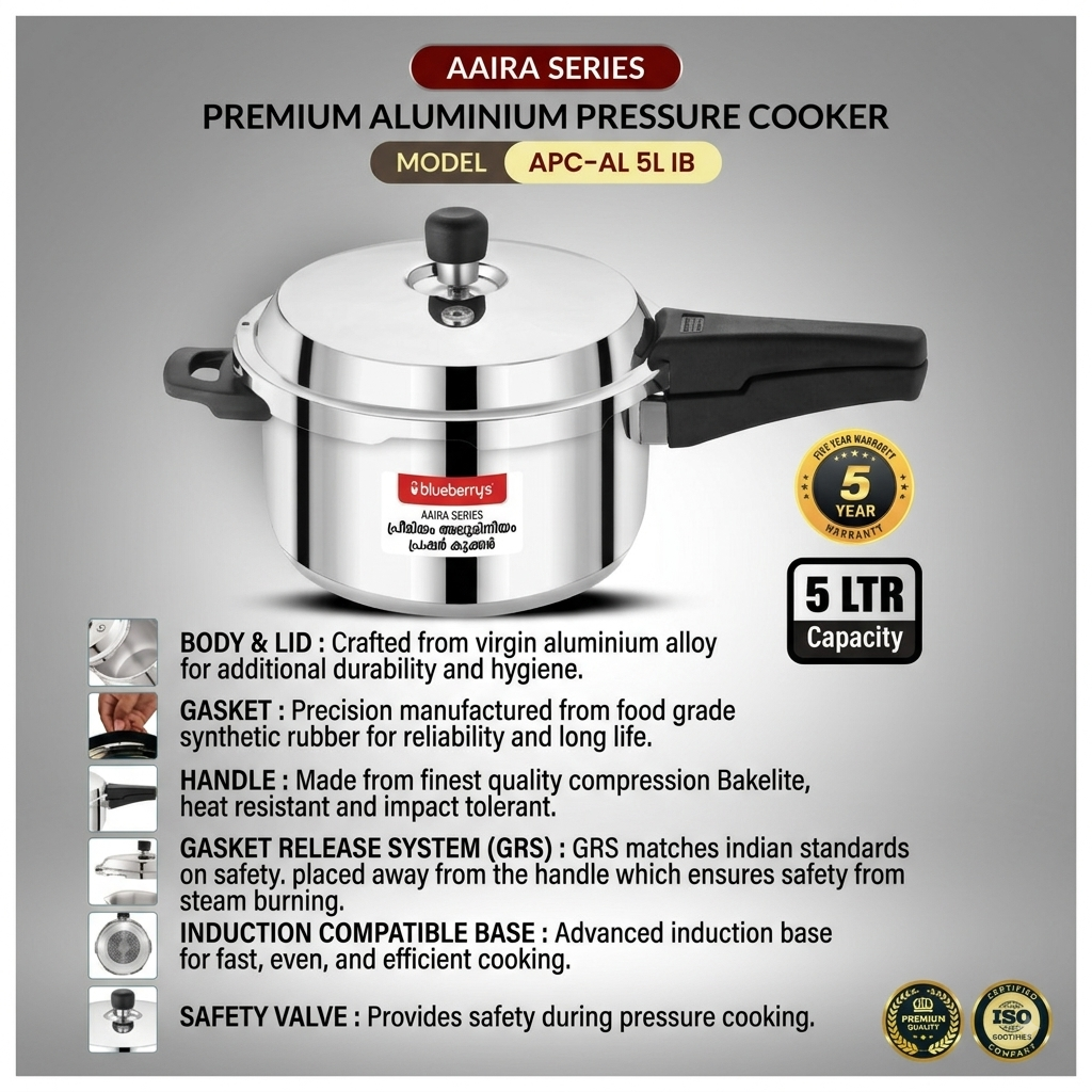 Blueberrys Aaira Series Premium Aluminium Pressure Cooker - 5L- Induction Compatible - APC-AL 5L IB