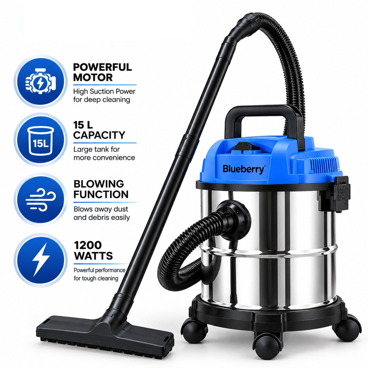 Blueberrys Dry Vacuum Cleaner – 15L Capacity, 1200W Powerful Motor with Blowing Function, Stainless Steel Tank - BB2411