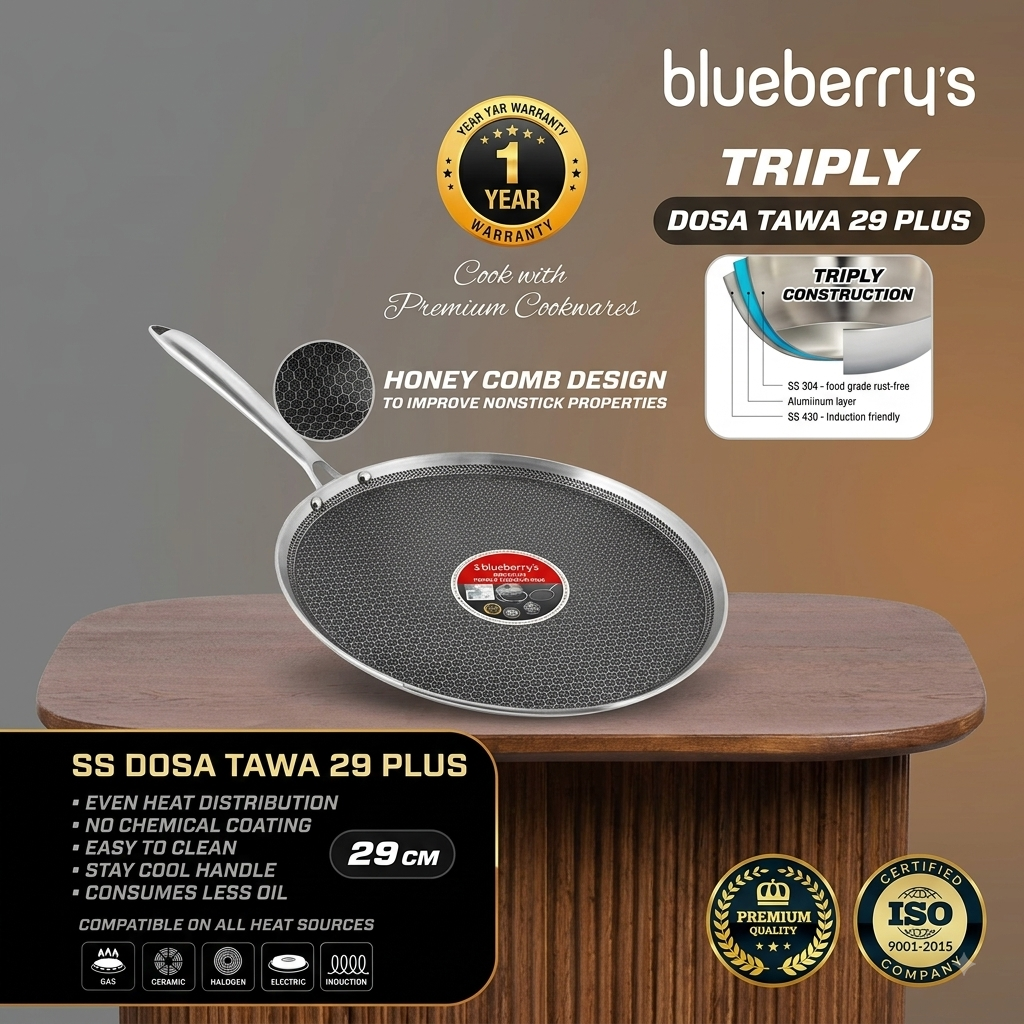 Blueberrys Triply Stainless-Steel Dosa Tawa - 29cm Honeycomb Design -Induction Compatible - Stay Cool Handle -Triply SS Dosa Tawa 29 Plus