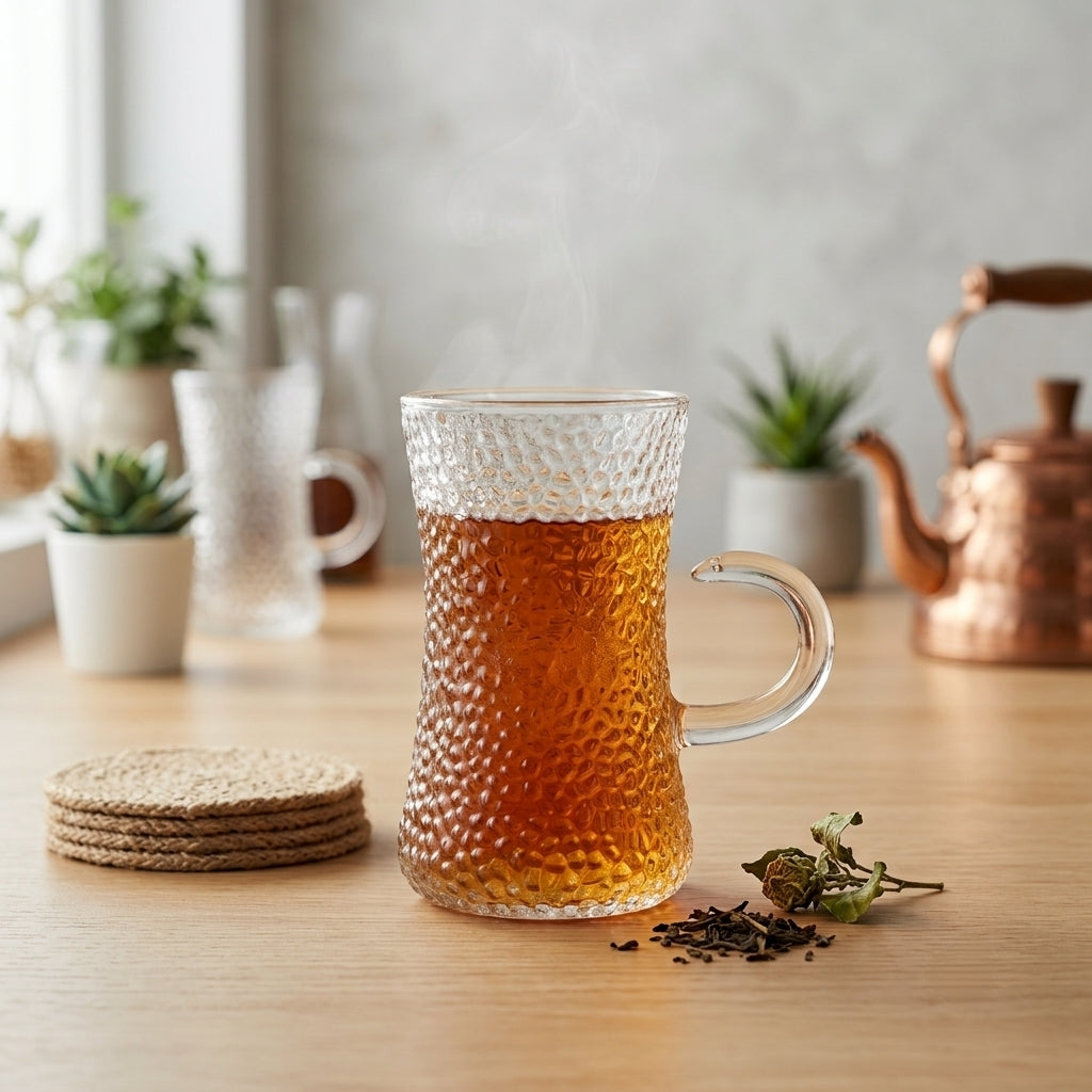 Textured Glass Tea Mug with Handle – Clear Coffee & Beverage Cup - BL057