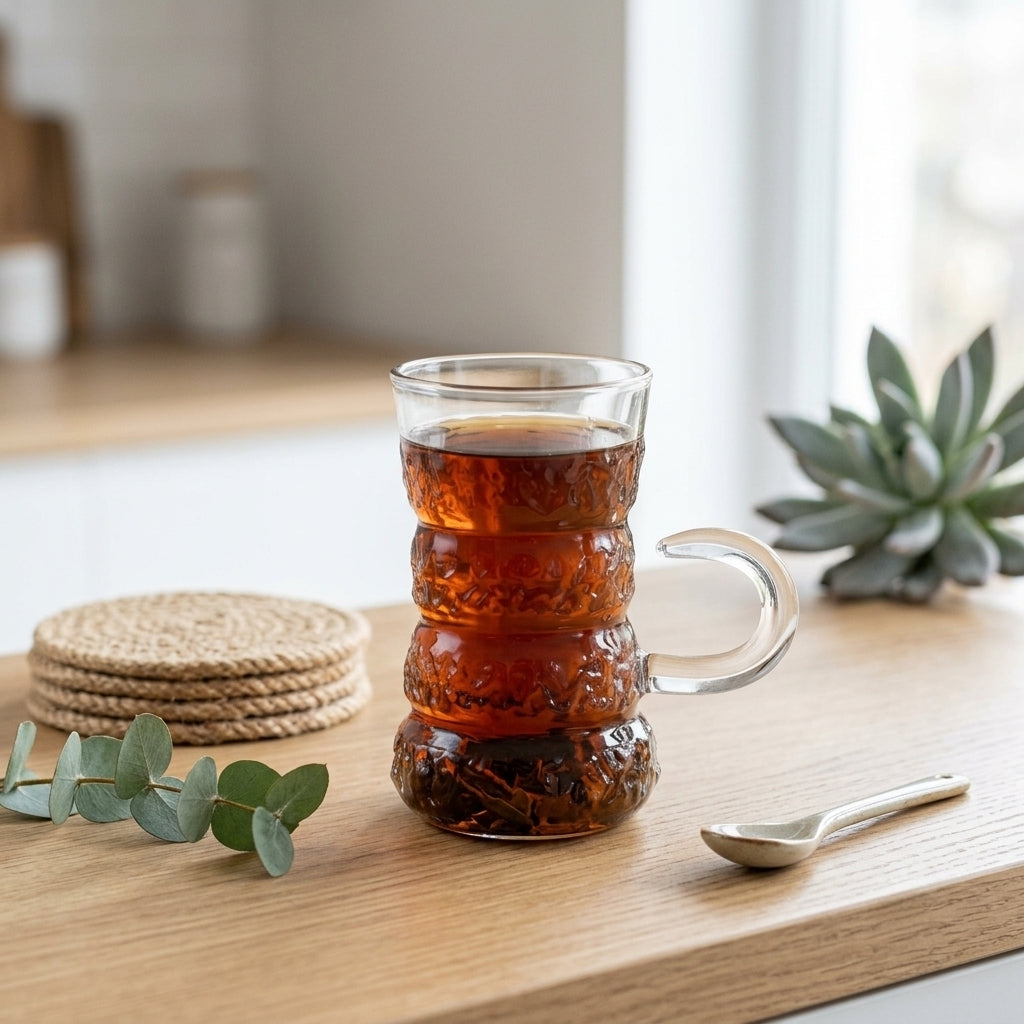 Textured Glass Tea Mug with Handle – Decorative Coffee & Beverage Cup - BL058