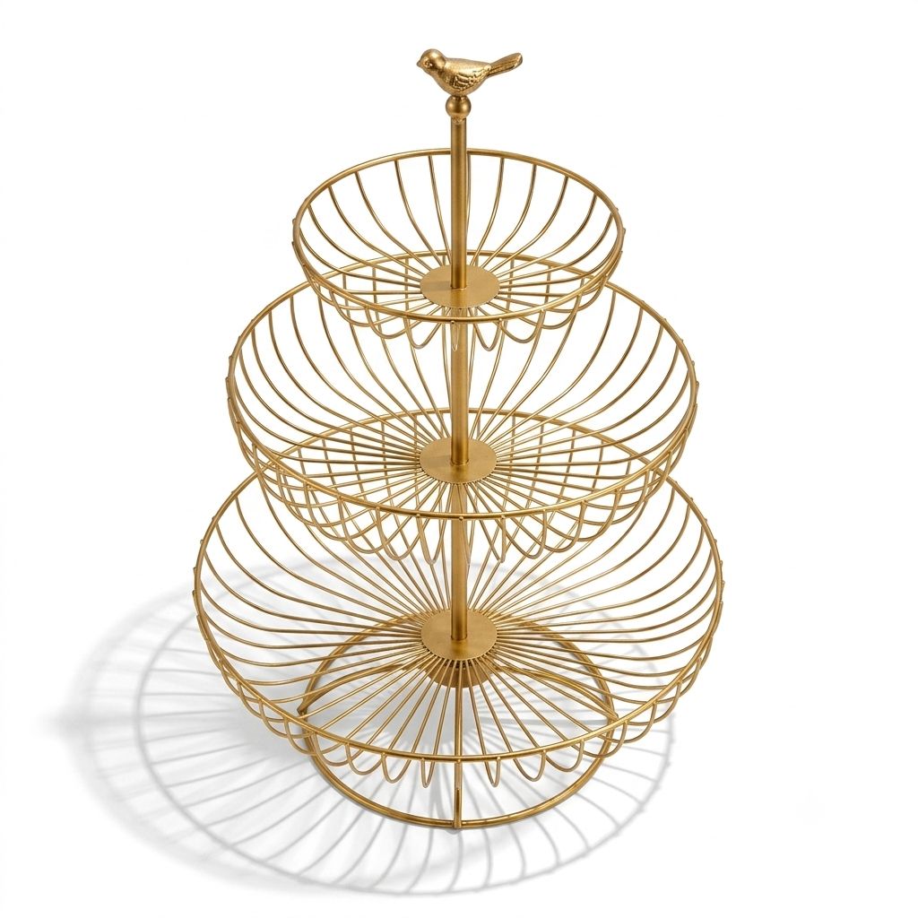 3-Tier Gold Wire Fruit Basket Stand with Bird Topper Dessert Display Rack - BL0681