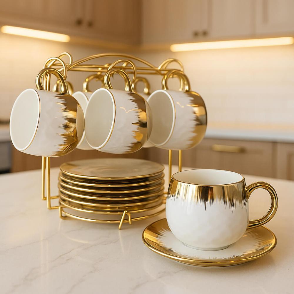 Royal Gold Cup & Saucer Set of 6 with Display Stand - BL0808