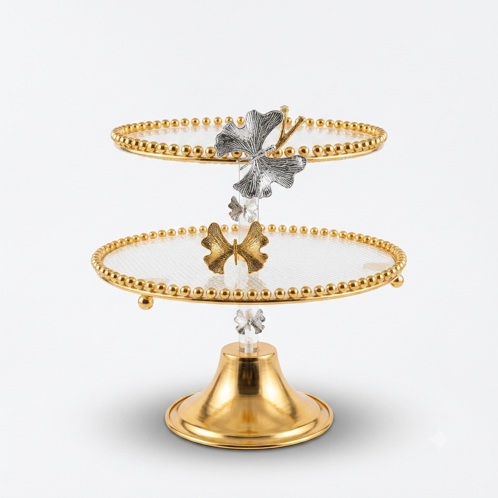 2-Tier Gold Cake Stand with Butterfly Design Beaded Edge Dessert Display Stand - BL0878
