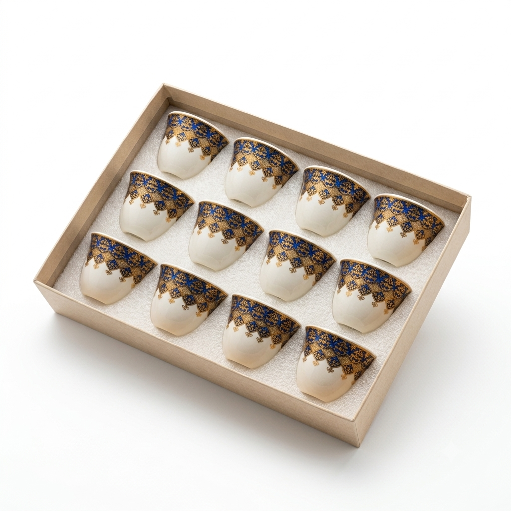 Arabic Coffee Cups Set of 12 Ceramic Blue Gold Floral Pattern- Qahwa Cup Set - BL106