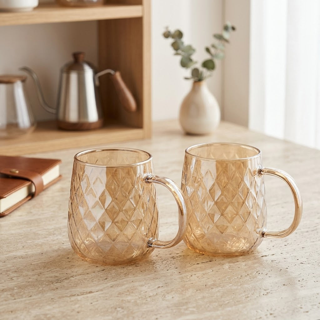 Diamond Cut Glass Mug Set of 2 - Amber Tinted Tea Coffee Cup with Handle - BL053