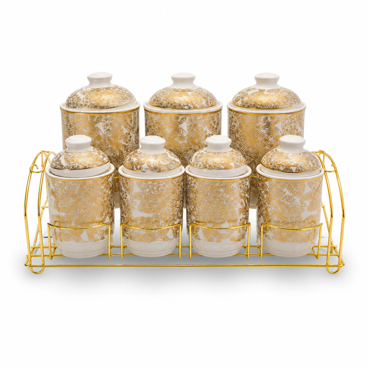 7-Piece Gold Floral Ceramic Spice Jar Set with Lids & Metal Stand - BL0800