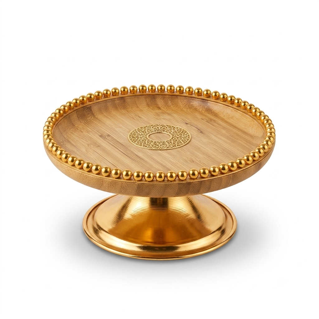 Single Tier Wooden Cake Stand Gold Beaded Edge Pedestal Dessert Display Stand - BL0877