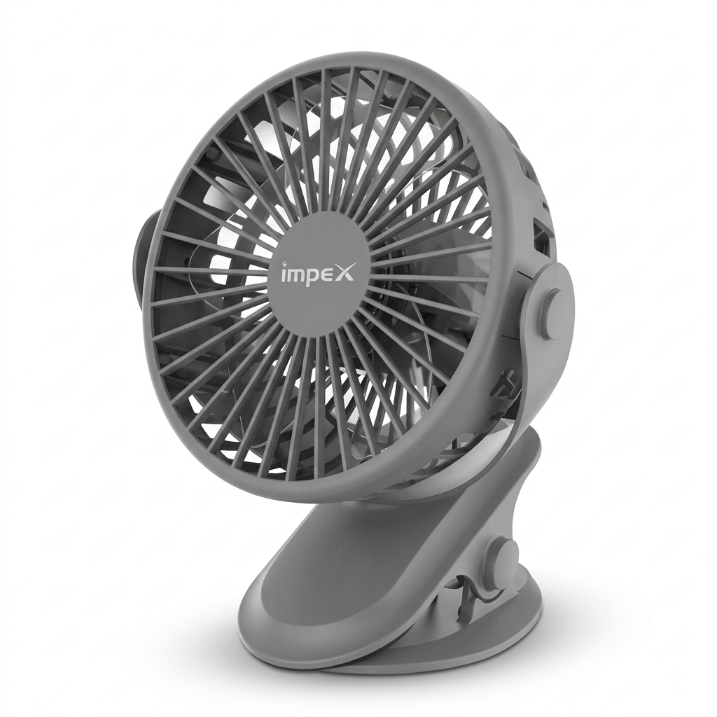 Impex Rechargeable Clip Fan - 1500mAh - Strong Airflow with Triple Wind Modes (Low/Medium/High) - CF02DC