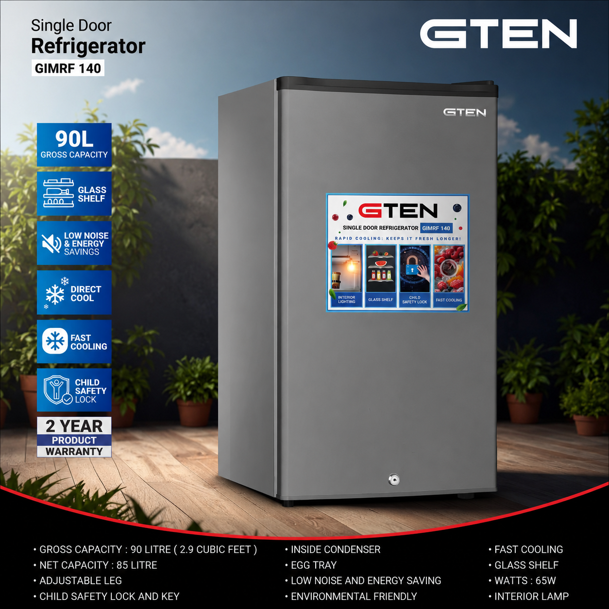 GTEN Single Door Refrigerator 90L - GIMRF140