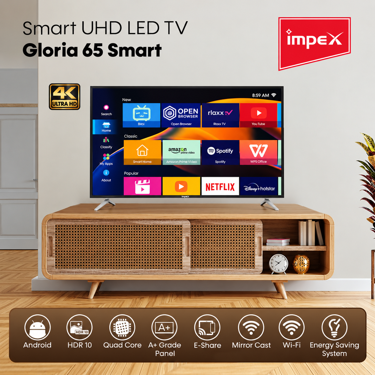 Impex 65" 4K UHD LED Smart TV - A+ Grade Panel - HDMI ARC Super Slim - Gloria 65 Smart