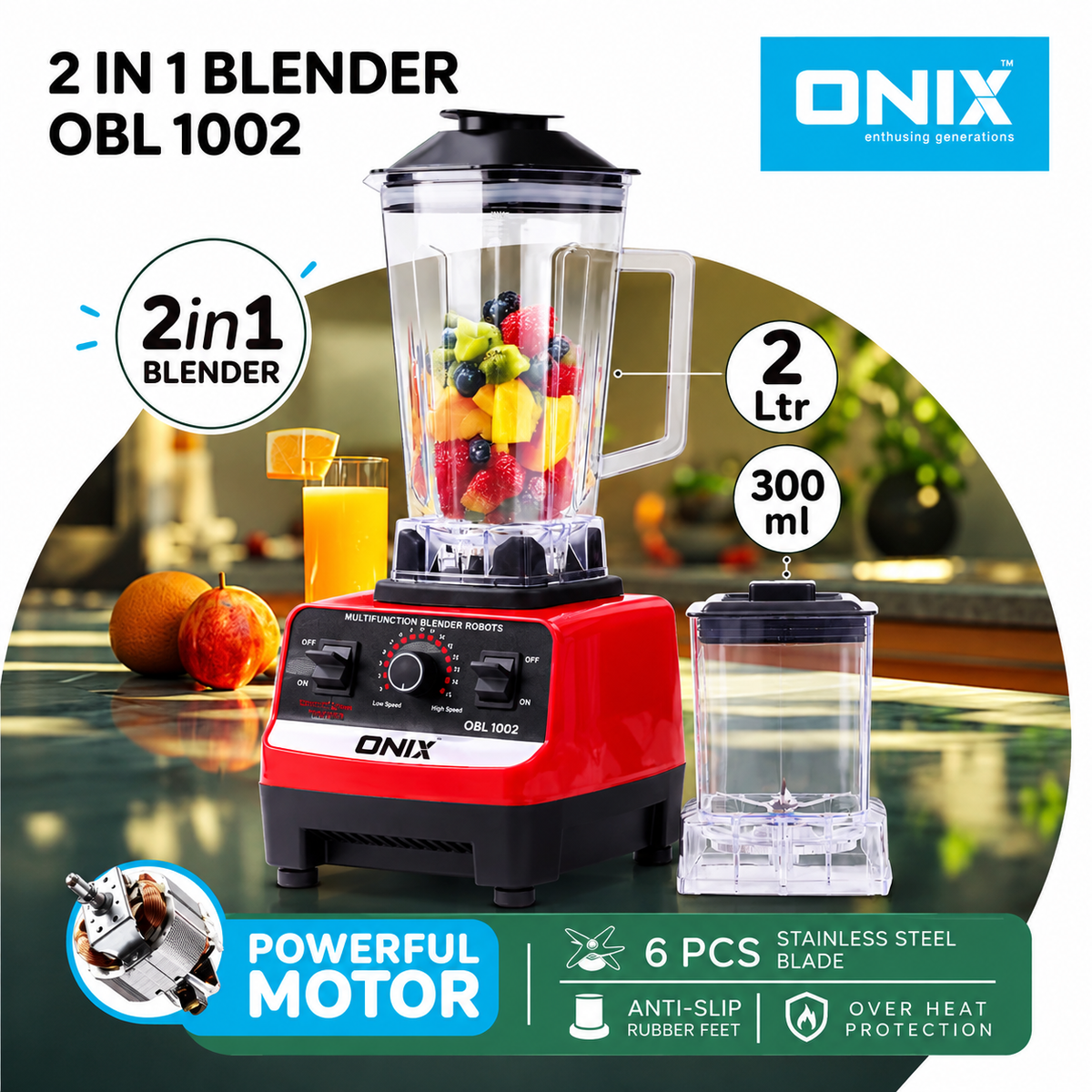 Onix 2-in-1 Blender 2L + 300ml - 6-Piece Stainless Steel Blade - Overheat Protection - OBL 1002