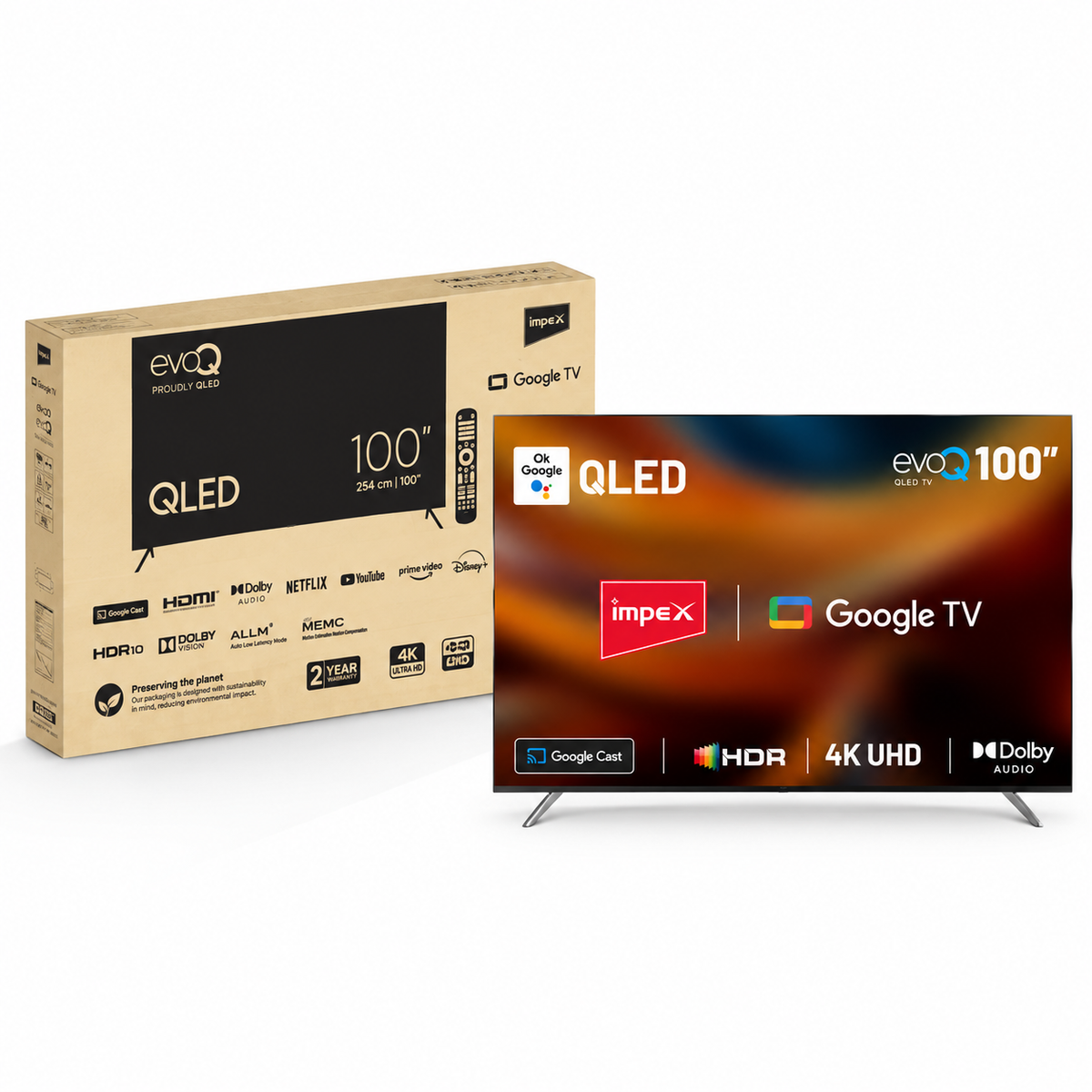 Impex evoQ 100" QLED Google TV – 4K UHD Smart TV with Dolby Audio & HDR