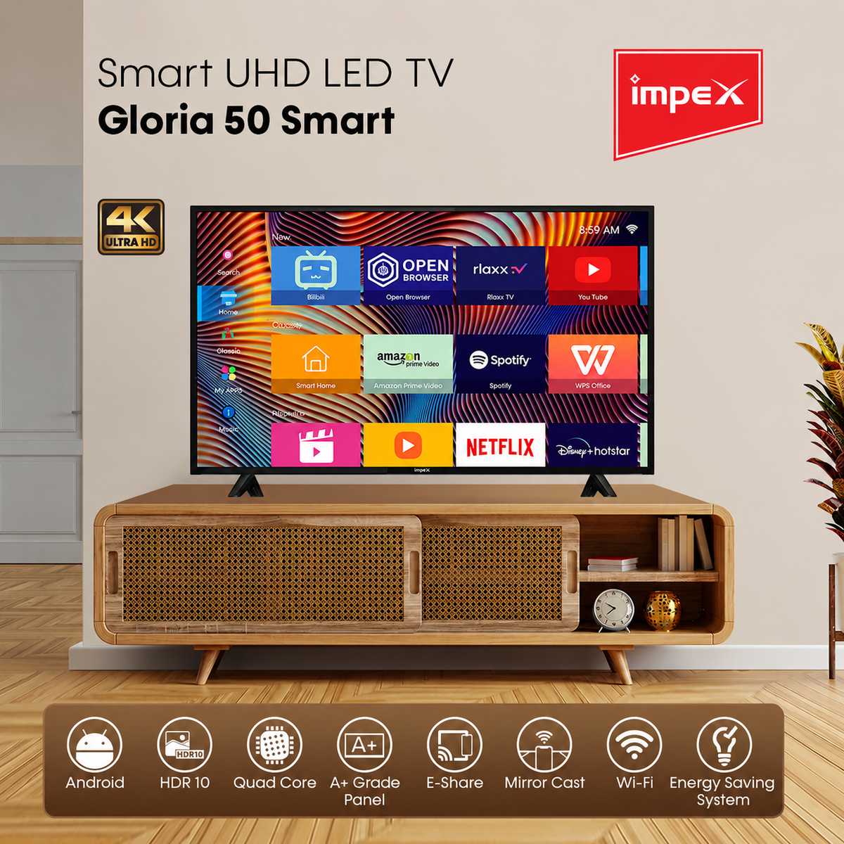 Impex 50" 4K Ultra HD Android Smart TV- HDR10 - Quad Core WiFi - Frameless - (Gloria 50 Smart)