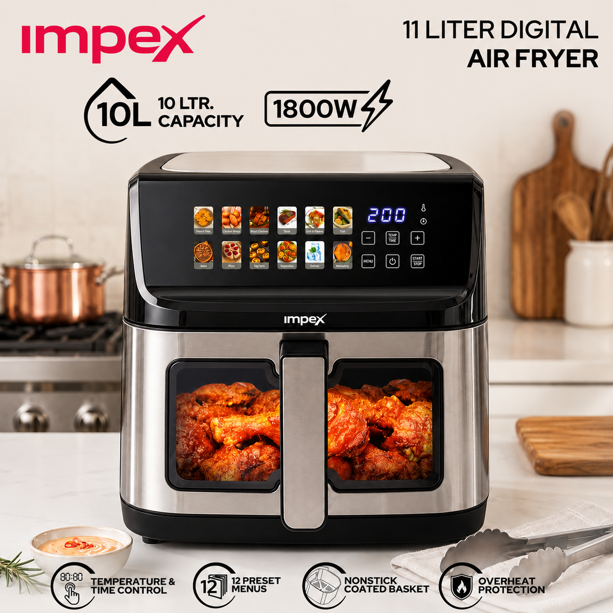 Impex Digital Air Fryer - 11 Liter - 1800W- Oil-Free Air Fryer Oven with 12 Preset Menus - Transparent Glass Window - AF4311