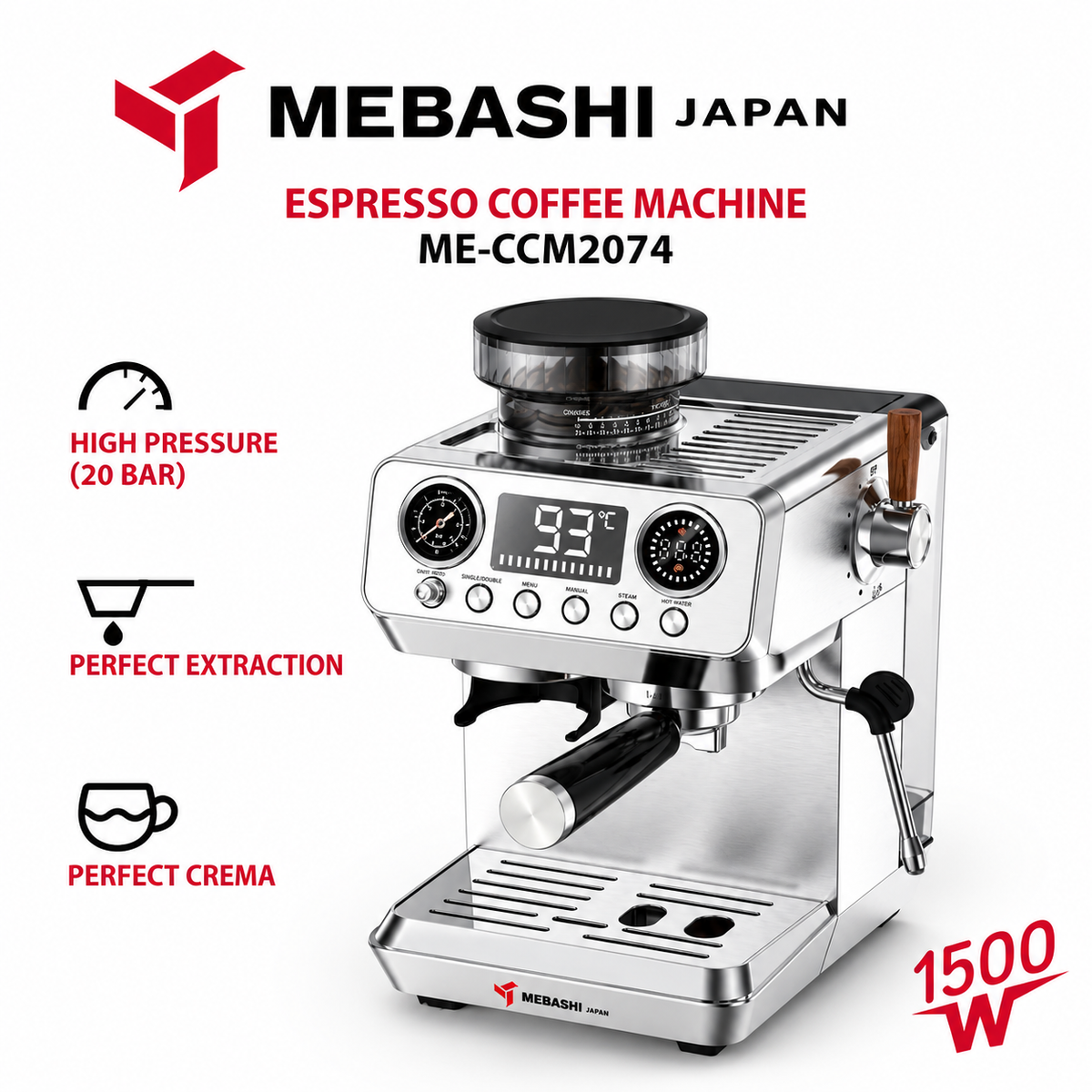 Mebashi Espresso Coffee Machine - 1500W - 20 Bar Built-in Grinder - Perfect Crema - ME-CCM2074