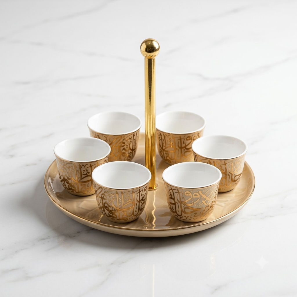 Gold Arabic Coffee Cup Set with Serving Tray – 6 Pcs - ET2457