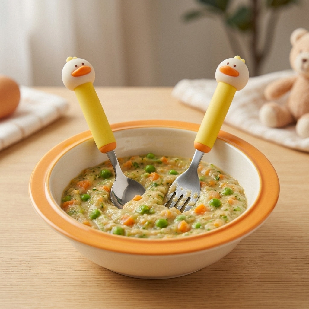 Kids Stainless Steel Spoon and Fork Set - Cute Duck Figurine Handle - Baby Cutlery Set - 3814 KIDS