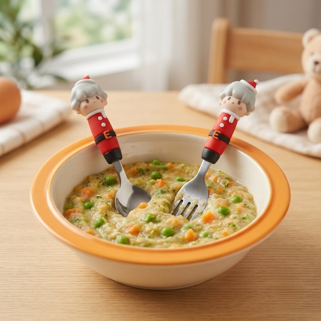 Kids Stainless Steel Spoon and Fork Set - Cute Santa Figurine Handle - Baby Cutlery Set - 3814 KIDS