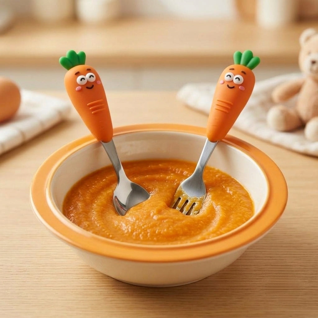 Kids Stainless Steel Spoon and Fork Set - Cute Carrot Figurine - Handle Baby Cutlery Set - 3814 KIDS