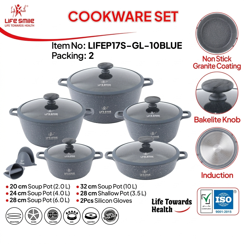 Life Smile Premium Granite Non-Stick Cookware Set with Lids LIFEP17S-GL-10BLUE