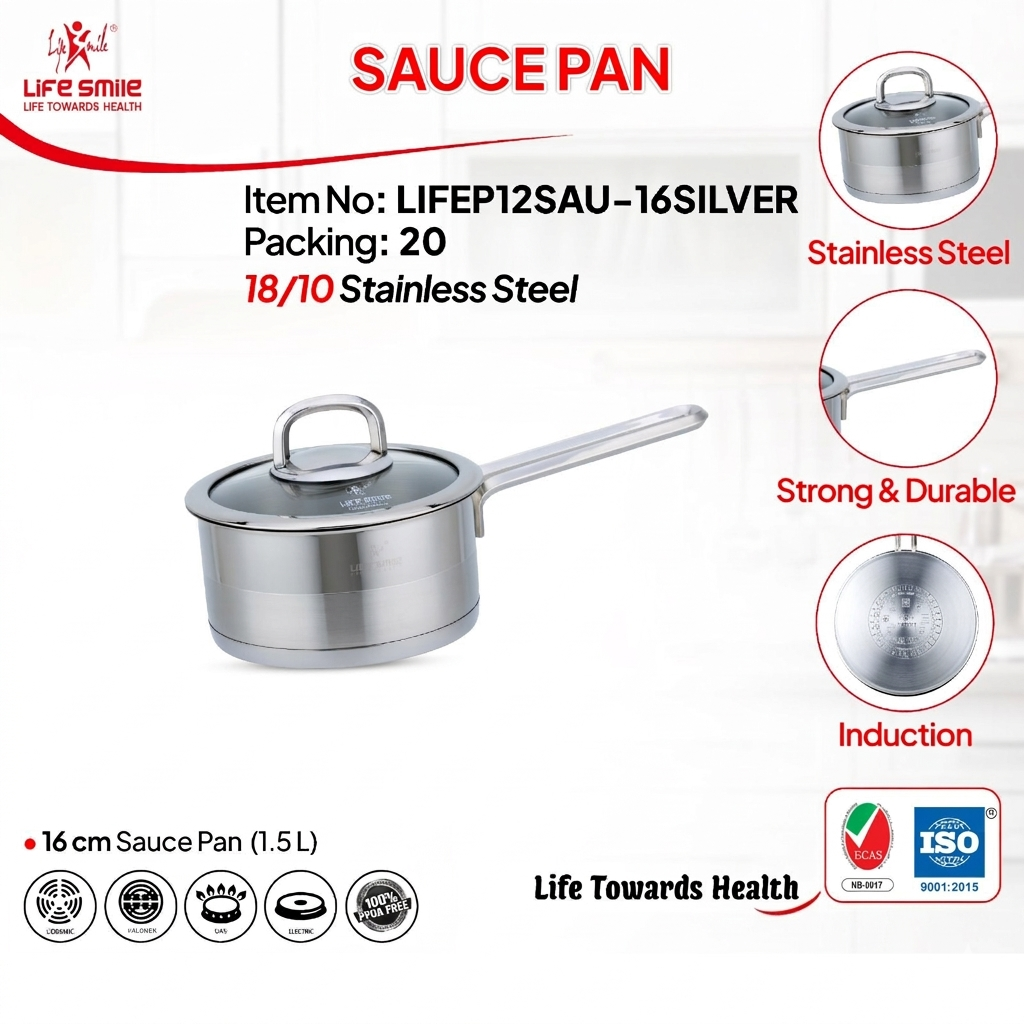 Life Smile Stainless Steel Sauce Pan with Lid LIFEP12SAU-16SILVER