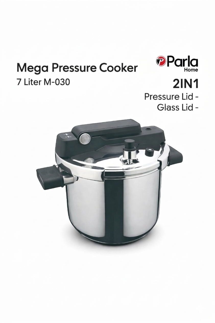 Mega Series 7L Stainless Steel Pressure Cooker Set - Model M-030 with Glass Lid