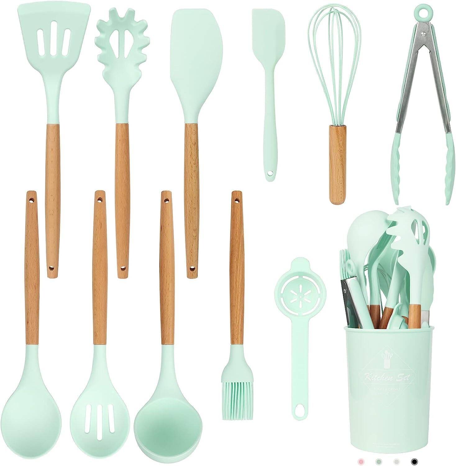 Silicone Kitchen Utensil Set with Wooden Handles - IE 54246