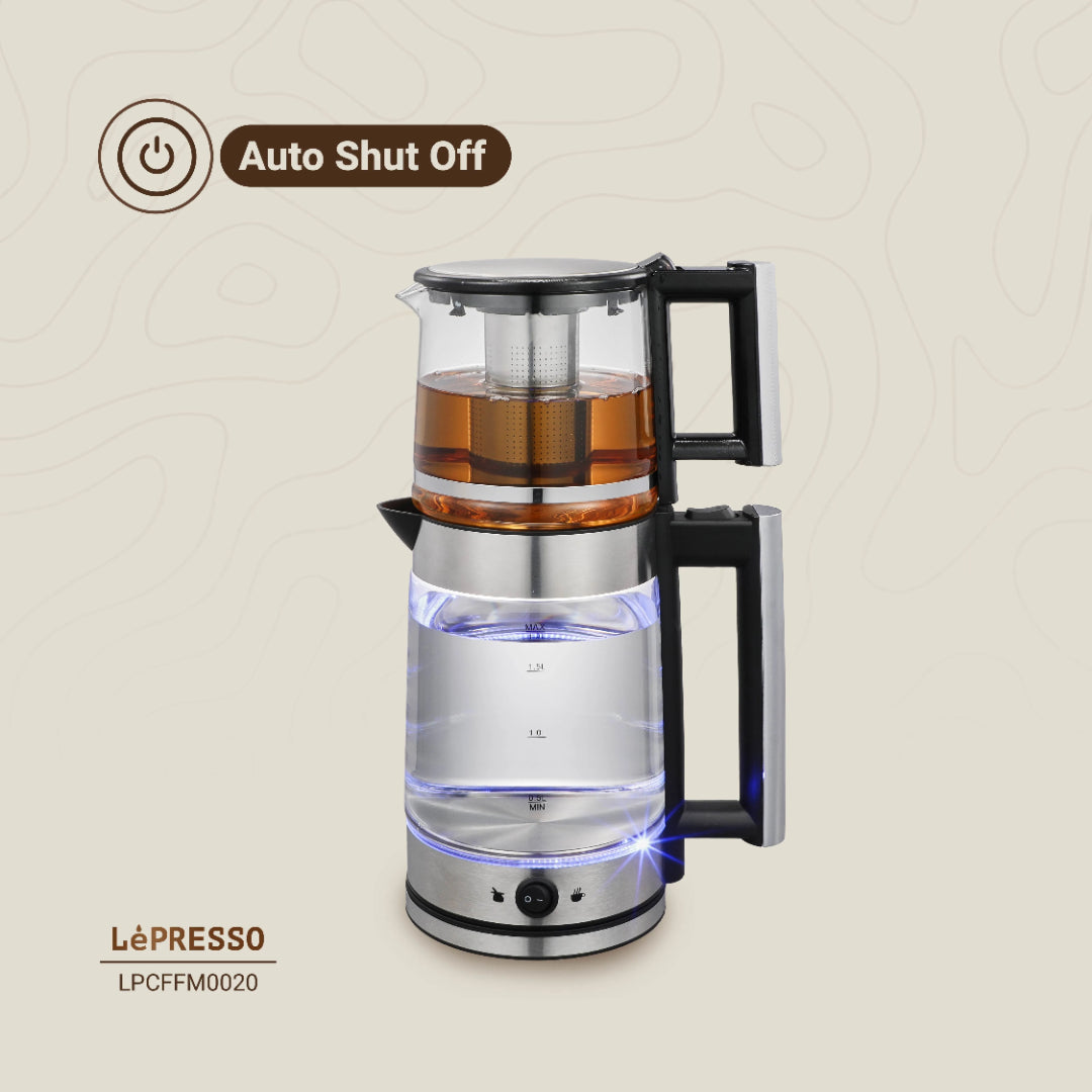 Lepresso Turkish Tea Glass Kettle - 1.8L Electric Kettle with Detachable Tea Filter & Auto Shut Off Black - LPCFFM0020