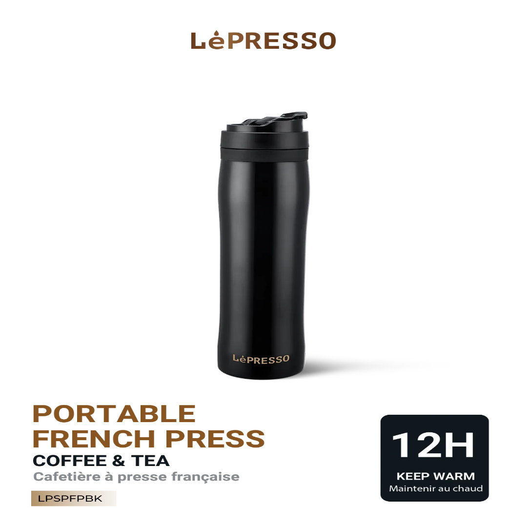 Lepresso Portable French Press Coffee & Tea -Stainless Steel -350ml - Black - LPSPFPBK