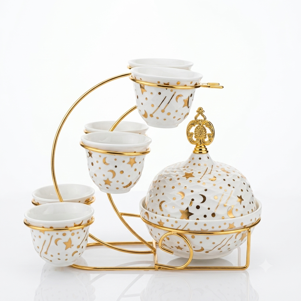 Arabic Coffee Set with Dallah Pot and Cups Gold Star Moon Design Ceramic with Gold Stand - MIMIC26816