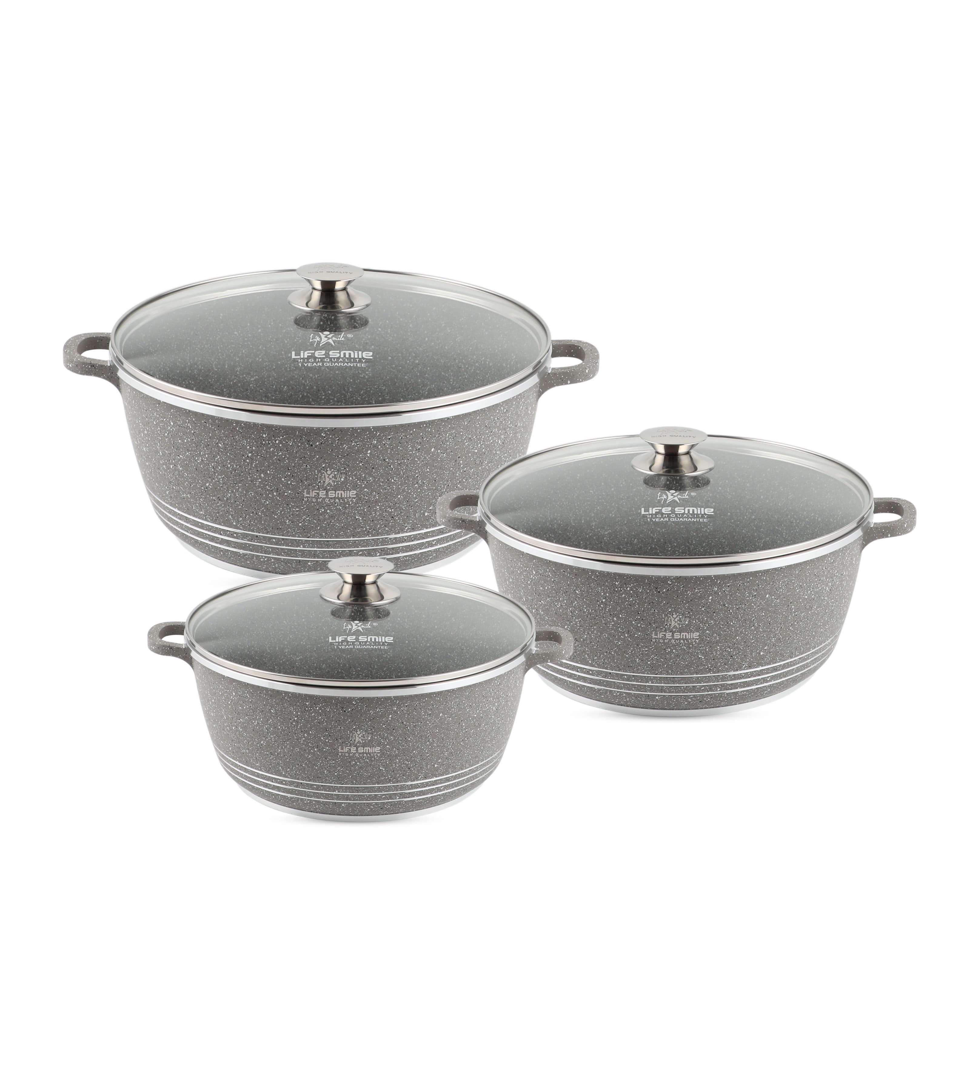 Life Smile Nonstick Casserole Set with Glass Lid LIFEP7-3-GRAY