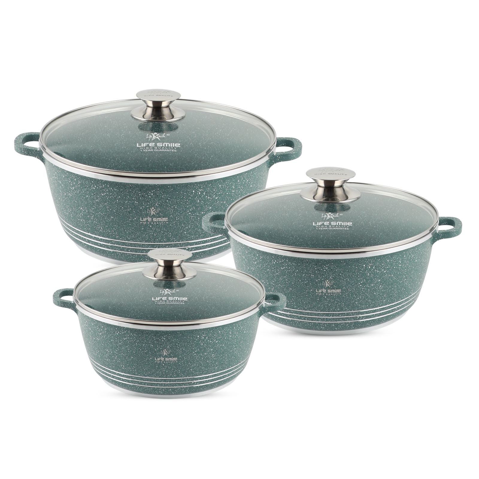 Life Smile Granite Nonstick Casserole Set with Glass Lid LIFEP7-6-3-GREEN
