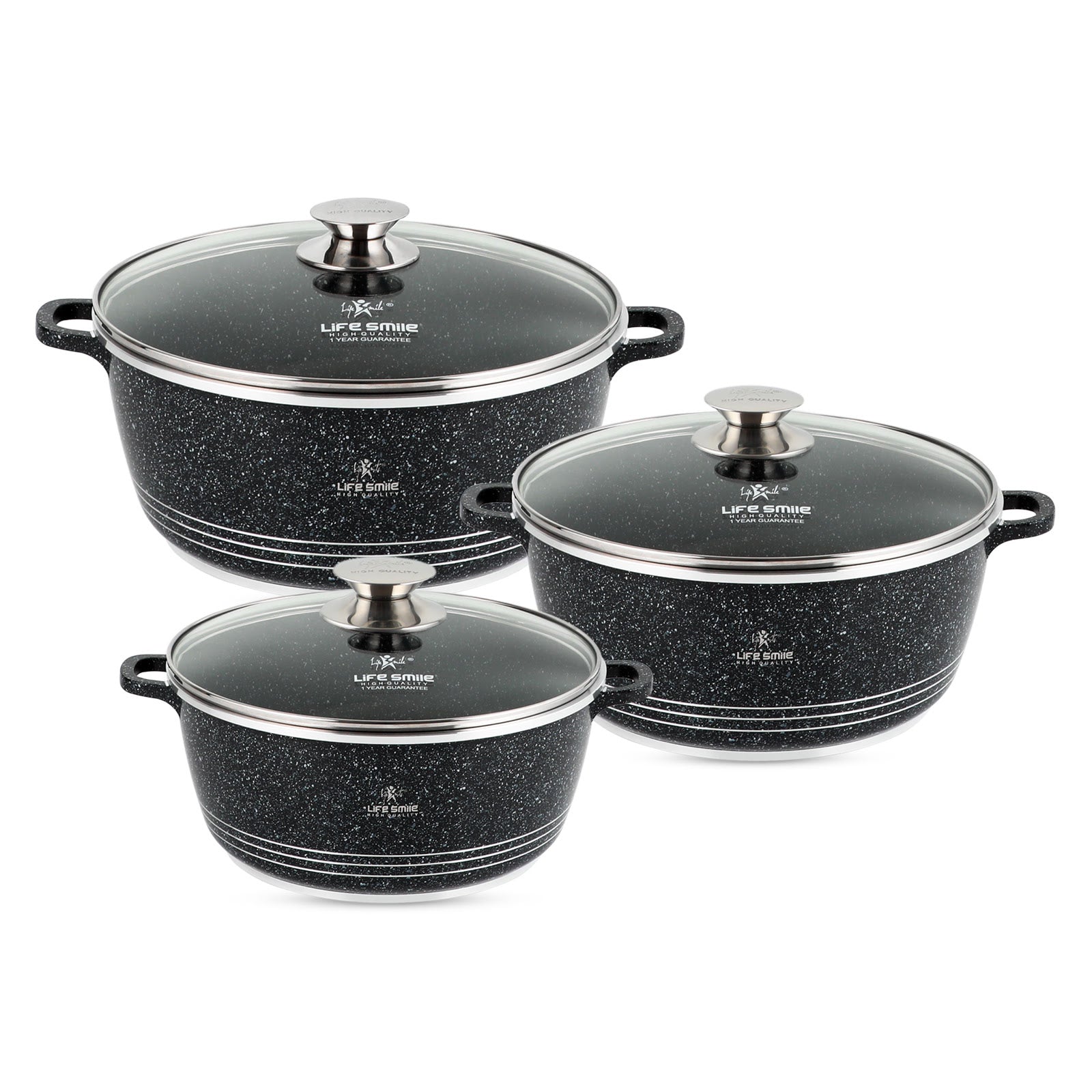 Life Smile Granite Nonstick Casserole Set with Glass Lid LIFEP7-6-3-BLACK