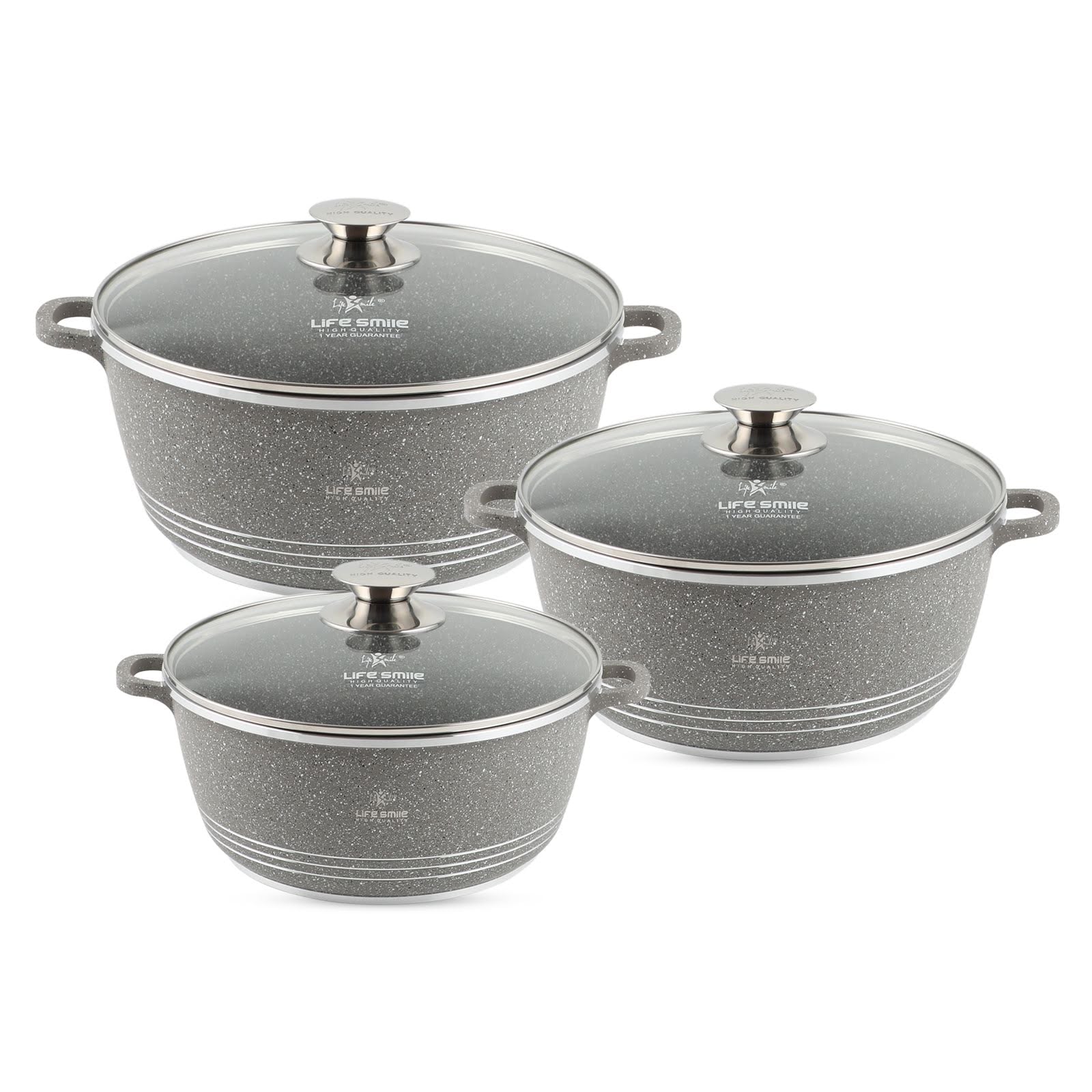 Life Smile Granite Nonstick Casserole Set with Glass Lid LIFEP7-6-3-GRAY