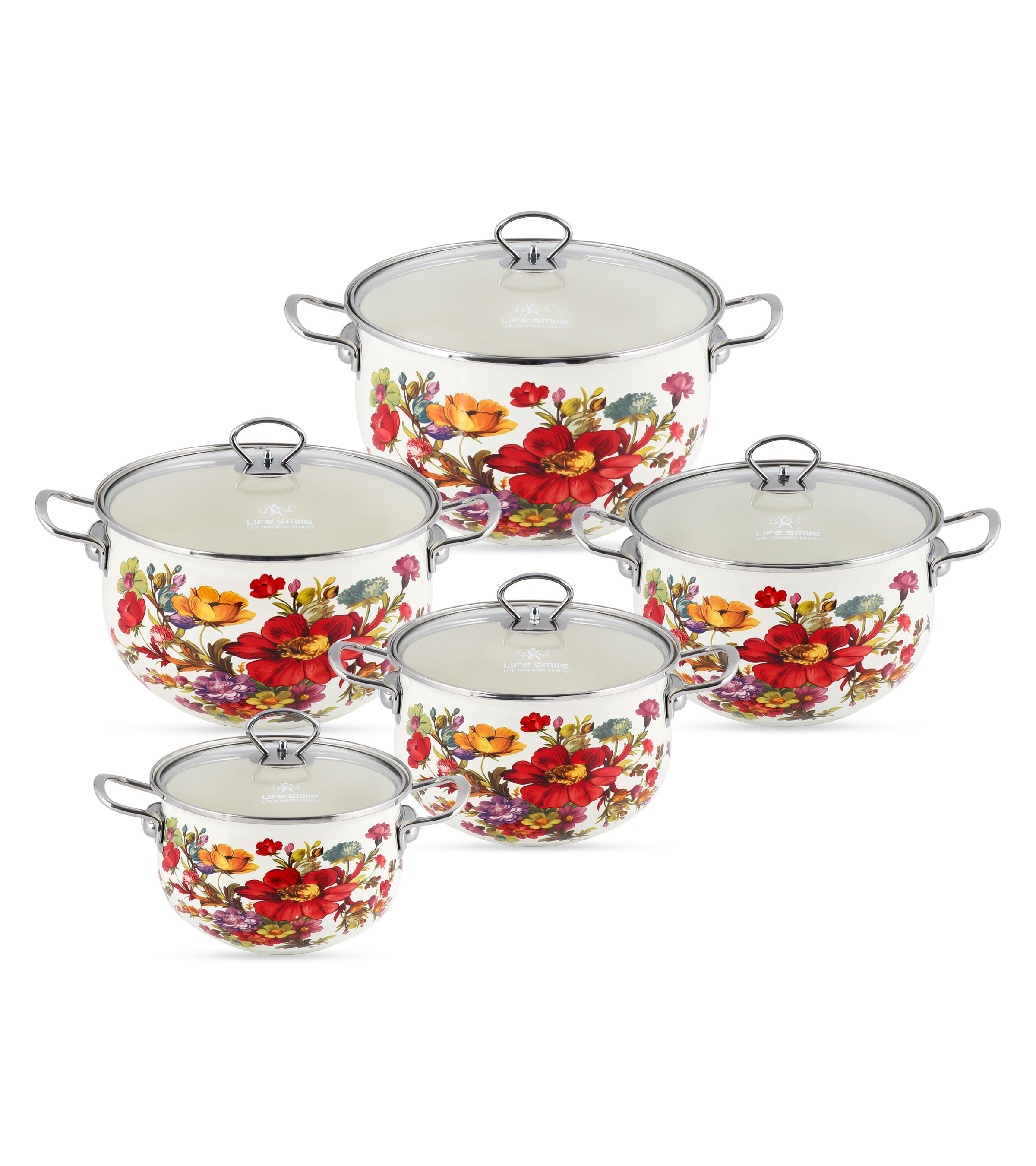 Life Smile Enamel Kitchen Cooking Pot Set with Lid 10Pcs NMLP-10S-F3